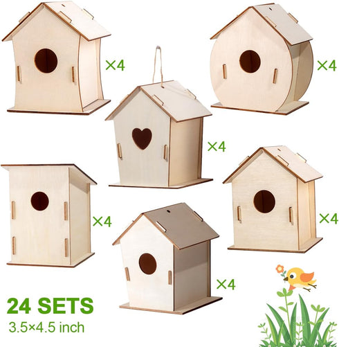 QUYSK 24 Sets 3+ Summer DIY Wood Birdhouse Bulk for Kids Parties and Classrooms, Art Painting Bird House Craft Kit