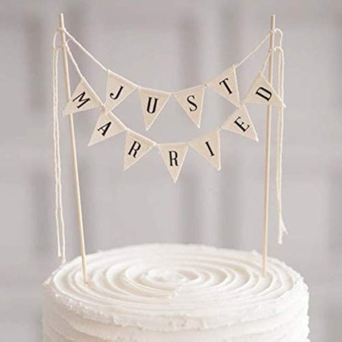 Wedding Cake Topper, Vintage Affair Rustic Just Married Cake or Cheese Bunting, Handmade Pennant Flags with Wood Pole -