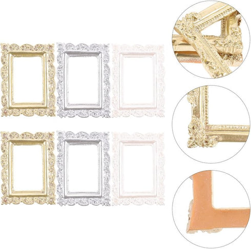 Dollhouse Frames, 6pcs Miniature Vintage Resin Picture Frames, Ornate Wall Hanging Antique Rectangle Frames
