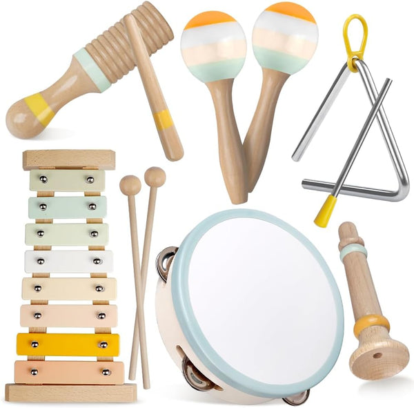 Montessori Wooden Toys for Toddlers 1-3, Baby Musical Instruments Set with Modern Boho Xylophone, Neutral Colors 3+