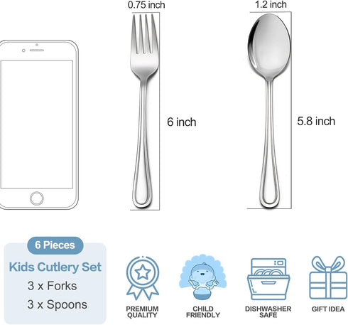 TeamFar Toddler Utensils, Stainless Steel Toddler Silverware Small Kid Cutlery Set for Self-Feeding, with Line Patterned Edge, Healthy & Non Toxic, Mirror Surface & Dishwasher Safe–3 Forks + 3 Spoons by TeamFar