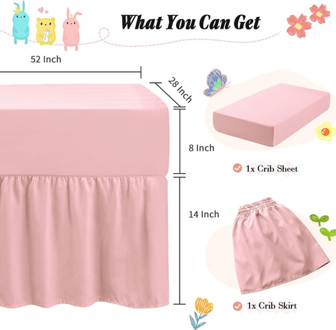 2 Pack Set 28" 52" 14" Horbaunal Crib Skirt & Crib Bed Sheet, Pink Crib Bed Skirt x with Drop Dust Ruffle, Soft