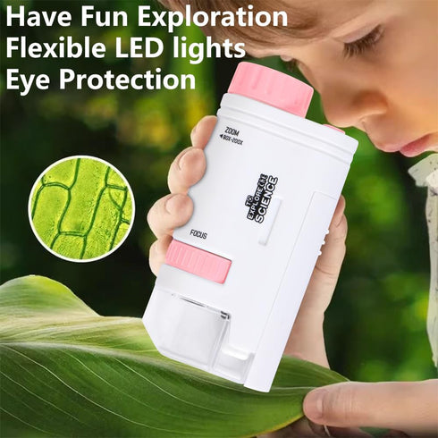 Microscope Pocket Handheld Miniscope 80X-200X Portable with LED Light for Learning and Exploring (Pink)