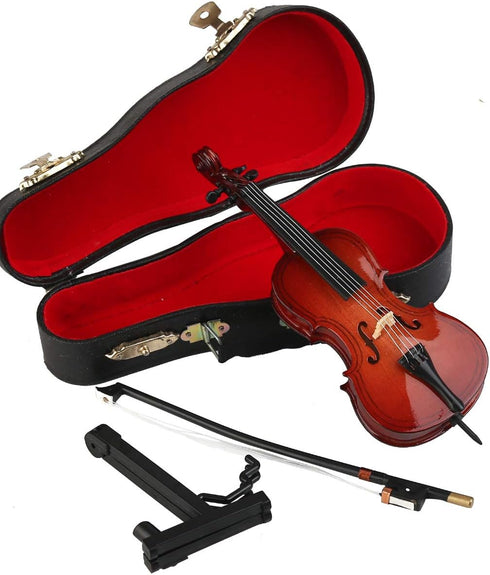 Dselvgvu Wooden Miniature Cello with Stand, Bow & Case - Mini Musical Instrument Dollhouse Model Decoration