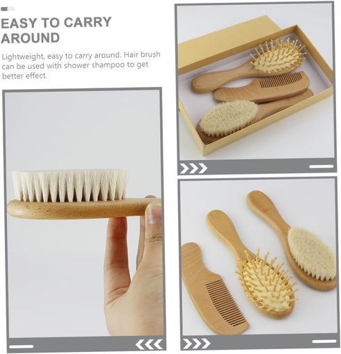 Set Baby Shampoo Brush Comb Newborn Hair Kit Soft Wool Brush Wooden Comb Grooming Supplies Non-Slip Design