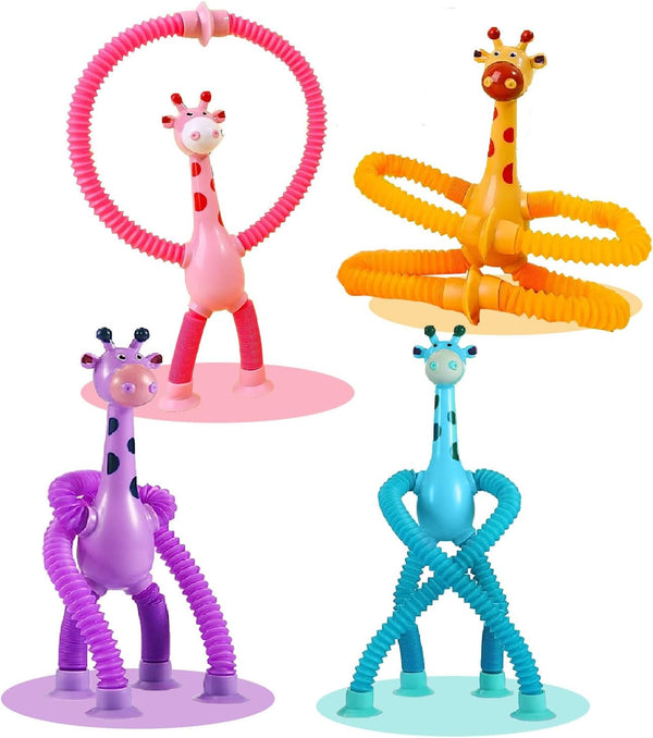 Telescopic Suction Cup Giraffe Toy, 4 Packs Pop Tubes Giraffe Fidget Toys, Educational Sensory Toy for Toddlers Travel