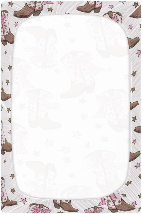 Vdsrup 39 27 5In Crib Sheets for Boys Girl Coquette Bows Neutral Mini Crib Mattress Sheets Fitted, Cowgirl Boots