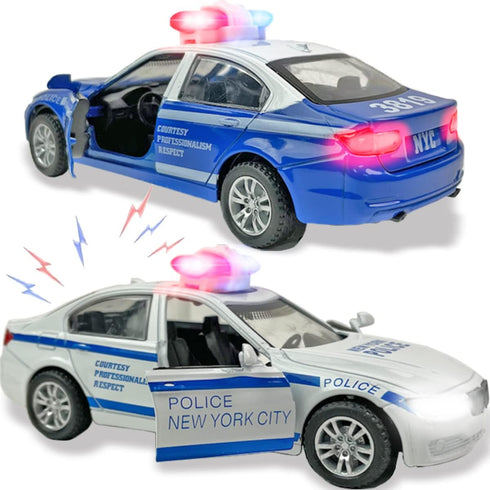 2 Pack Metal Diecast NY Police Cars - Pull Back Battery Powered with LED Headlights and Siren Sounds 1:32 Scale