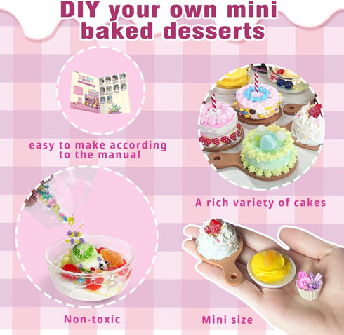 Set, 14Pcs 8+ Mini Bake Shop DIY Toy Making Pretend Desserts & Cakes, Resin & Clay Kitchen Play Kit, Scene Display