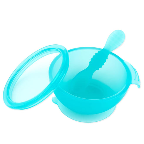 Bumkins Baby Bowl: Silicone Feeding Set with Suction, Spoon, and Lid for Baby Led Weaning, Blue Jelly