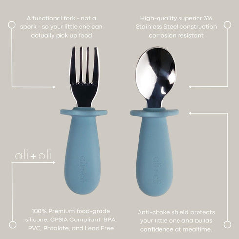Ali+Oli Spoon & Fork Learning Set for Toddlers - Powder Blue, BPA Free, Ergonomic Design for Self Feeding
