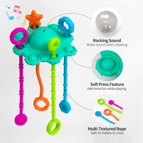 Montessori Pull String Toy - 100% Food Grade Silicone with Built-in Rattle Function (Spearmint)