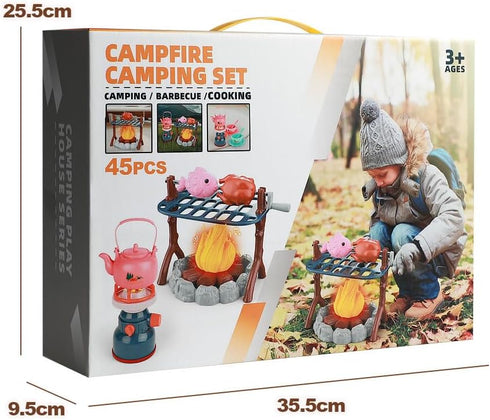 yoliyogo Set 45pcs 3+ Pretend Play Campfire Toy with Realistic BBQ Accessories,Fake Grill Foods,Tea Pots etc,Simulate