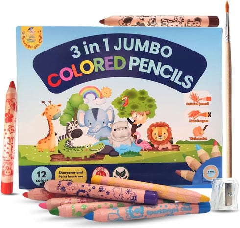 SparkBright Club - Jumbo Pencils 3 in 1 function, 12 colors Non-Toxic