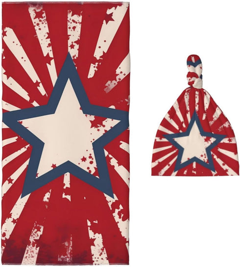 Star Stripes Baby Swaddle Blanket with Beanie Set, Newborn Receiving Blankets 35.4"X 35.4" USA Flag Soft Wrap Gift
