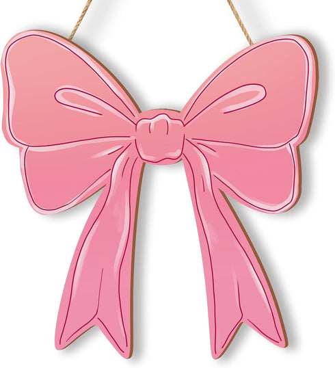 KOYILTD Pink Bow Decor Cute Bow Wooden Hanging Sign Pink Room Decoration Wooden