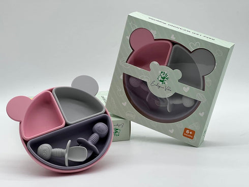 MIX COLOR SILICON BABY FEEDING SET, BABY LED WEANING SUPPLIES, BABY EATING SUPPLIES (Pink Grey Purple)