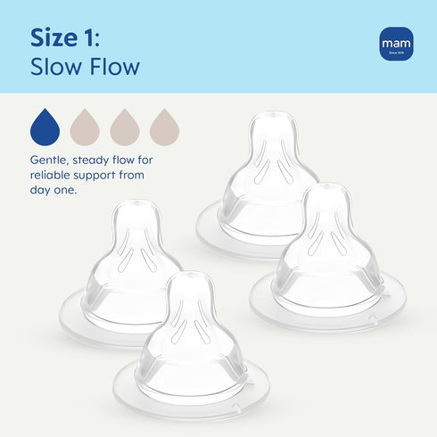 1, 0+ 94% 4 Pack, MAM Baby Bottle Nipples Slow Flow Size for Month Newborn Babies, Skin Soft BPA Free Silicone, Nipple