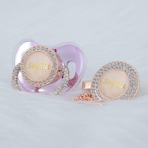 Set Personalized Name Anniversary All Bling Pacifier and Clip Rosa Gold Plated New Born Gift Photography No for Daily