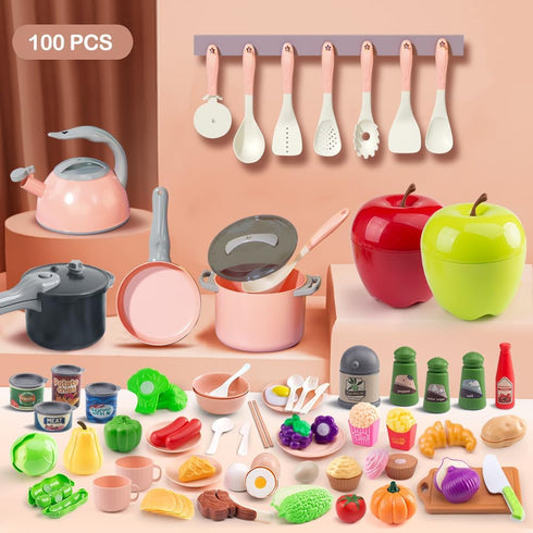 Funpynani 100Pcs Playset, 2 Kitchen Kids Pretend Cooking Play Pots, Pans, Utensils, Cookware, Toy Food Fruits Veggies