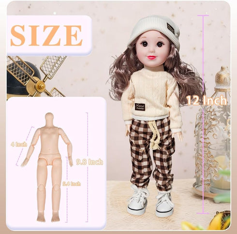 12 Inch 15 BJD Fashion Girl Doll, Movable Joints, Exquisite Hair and Trendy Casual Outfits (Casual wear-Beige)