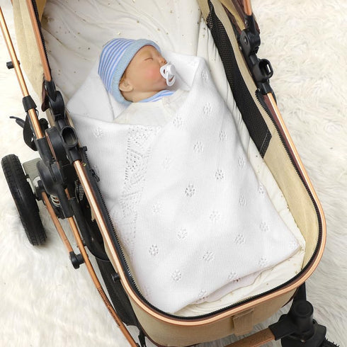 LAWKUL Cellular Blanket, 100% Cotton Knitted Soft Knit Crochet for Newborn Boy Girls, White, 100x80cm