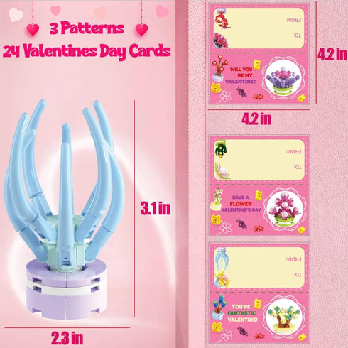 WODMAZ 24 Packs Valentines Day Cards with Plant Building Blocks, Succulents Flower Toys Valentines Day Gifts for Kids