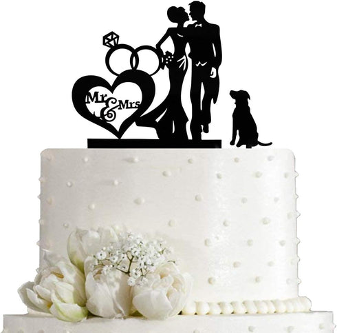 Wedding Couple Kiss Mr&Mrs Heart Diamond Ring Cake Topper – Bride and Groom with Dog Silhouette Cake Topper, Black