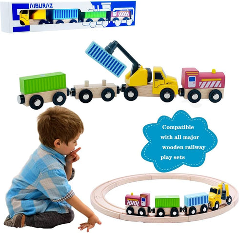 SAIBURAZ Sets 3+ Wooden Trains Cars with Crane Magnetic Train Toys for Wooden Train Tracks Train for Toddlers and Kids