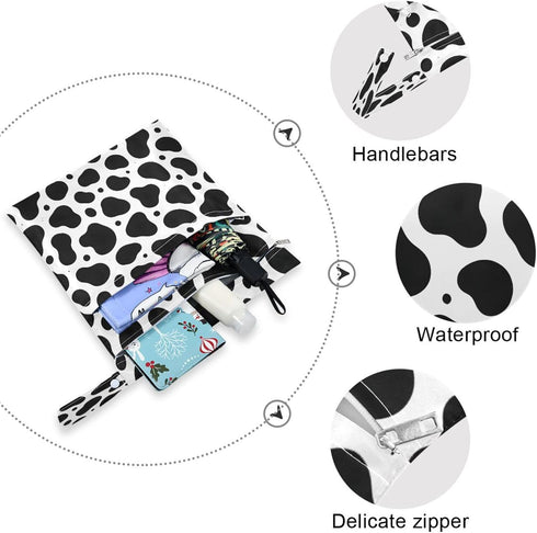 Haskirky 2 Cow Print Black White Pcs Cloth Diaper Wet Dry Bags,Waterproof and Washable Bag for Travel Reusable Wet Bag