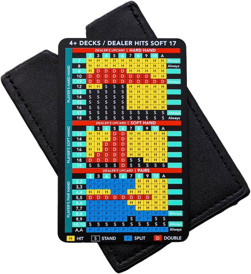 2 Pack Metal Blackjack Basic Strategy Card - Allowed at Casino Table, 4+ Decks Hit Soft 17 with Leather Sleeve