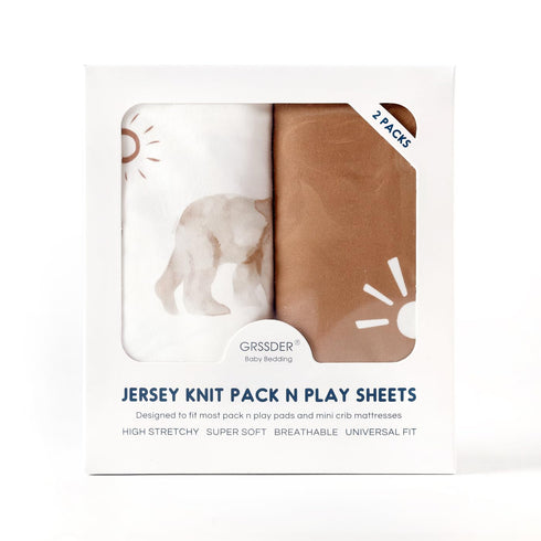 Stretchy Ultra Soft Jersey Knit Fitted Pack n Play Sheets Set 2 Pack, Portable Crib Sheets for Boys and Girls