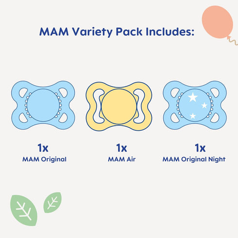 MAM Variety Pack Baby Pacifier, 3 Types for Healthy Oral Development, 3 Pack, 0-6 Months, Girl