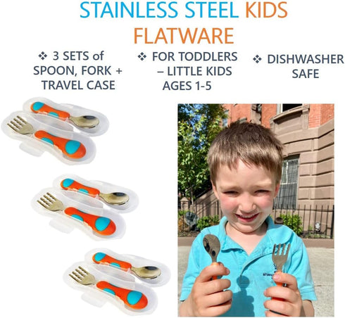 Kids Utensils Toddler Silverware Set x 3 - Stainless Steel Fork Spoon with Travel Case. Metal Cutlery for 1 2 3 4 years old Baby Boy Girl, Round Handle for Lunch-Box, 6 Pieces Orange Blue by kinsho