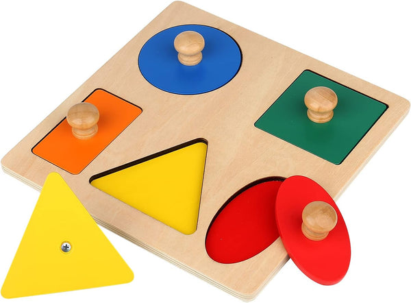 Montessori Wooden Puzzle Board - Geometric Shape Puzzle for Toddler Shape & Color Sorter (5 Geometry Shape)