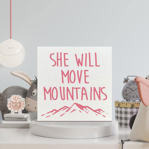 NKBINLILI Wooden Box Sign: She Will Move Mountains - Inspirational Girls Room Decor, Motivational Nursery Gift for Baby