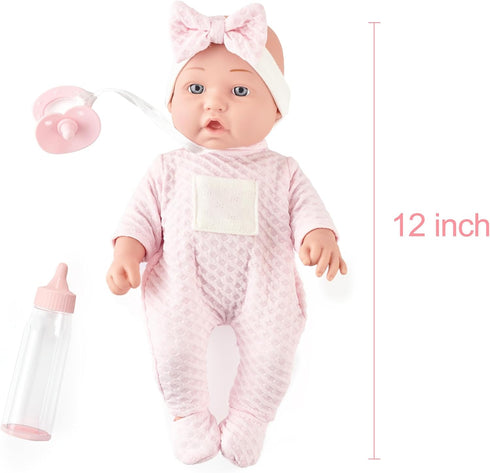 12 Inches Realistic Baby Doll Playset, Includes Pacifier, Bottle, and Soft Blanket