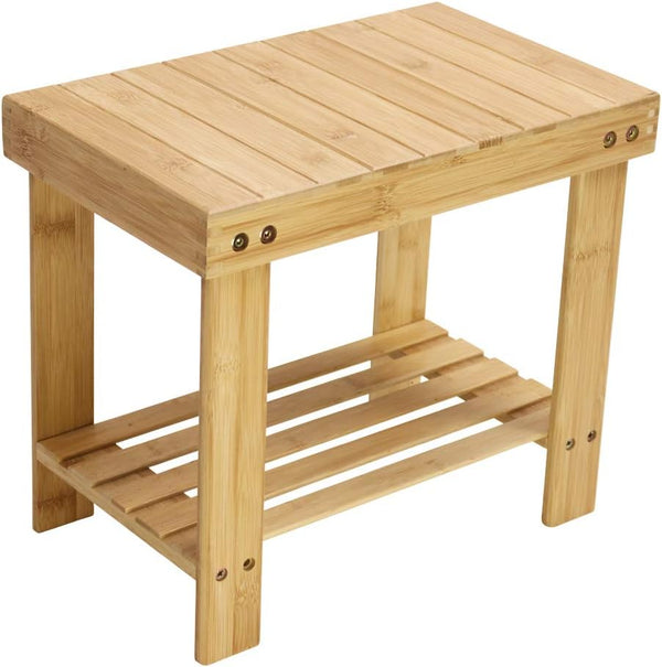 KKTONER Bamboo Step Stool with Storage Shower Bench with Shelf Foot Stool