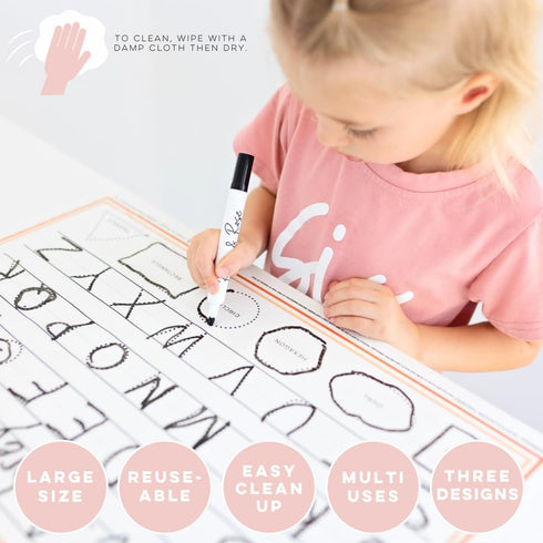 Ryan & Rose Cutie Mats Disposable Placemats For Baby, Toddlers & Kids Extra Coverage (13" X 21") 30 Pack (3 Designs) Stick To Table Easy Clean Up For Food & Toys Dry Erase Tracing Writing (EDU Tracer) by Ryan & Rose
