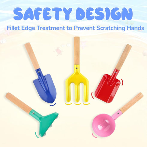 MEIDAYAI 5 8'' Set Beach Toys, Pcs Kids Garden Tools, Children Beach Sand Toys Gardening with Sturdy Wooden Handle