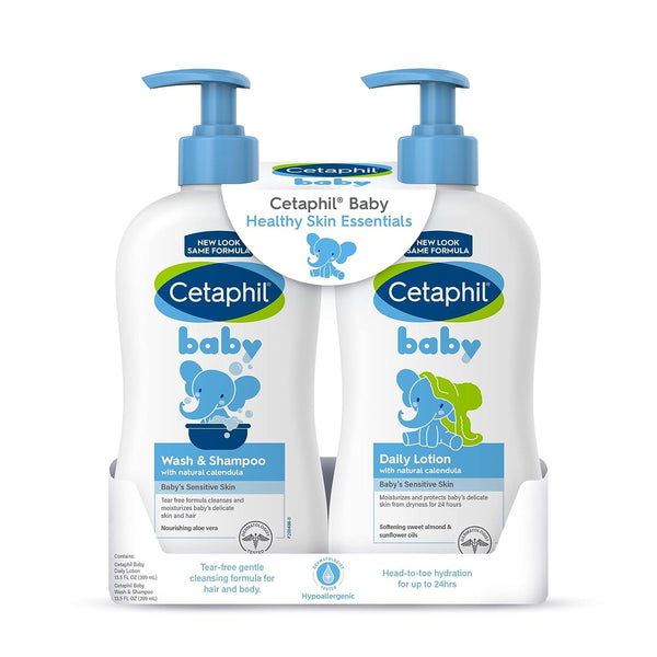 Cetaphil Baby Wash & Shampoo Plus Body Lotion, Healthy Skin Essentials for Delicate, Sensitive Skin, 2-Pack, White