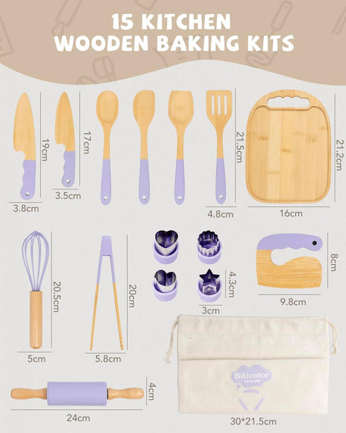 Biticolor Set 15PCS Wooden Kids Cooking Montessori Kit - Real Toddler Kitchen Tools & Baking Utensils - Cooking Kit