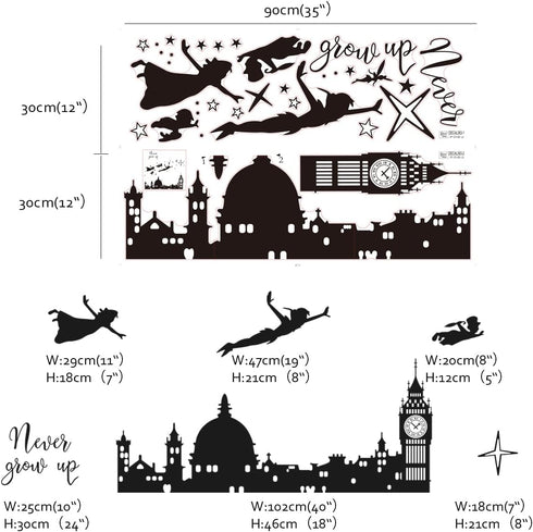 Runtoo Never Grow Up Nursery Wall Decals Quotes, Big Ben Cityscape Wall Stickers for Kids Room Baby Bedroom Decor