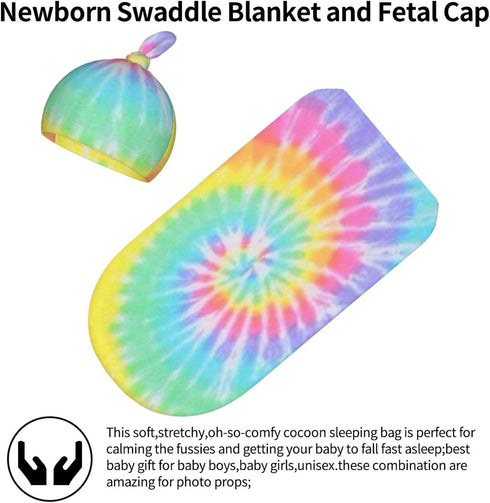 Norchzi Set Tie Dye Newborn Swaddle Blanket with Hat Baby Stuff Receiving Blankets Soft Transition Sleep Sacks Gifts