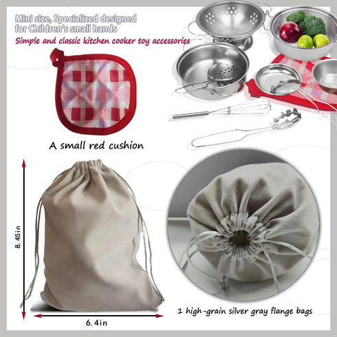 Kids Mini Cooking Toys Set - 11Pcs Pretend Play Kitchen Accessories with Stainless Steel Pots, Pans, and Utensils
