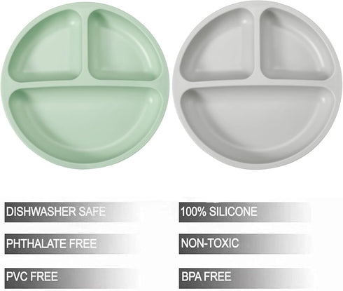 PandaEar Silicone Baby Feeding Set| 2 Pack Silicone Divided Suction Plate with 2 Pack Spoons | Baby Led Weaning Supplies Self Feeding Eating Utensils (Green/Grey) by PandaEar