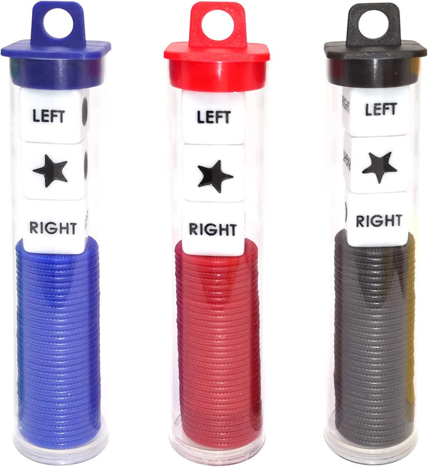 Left Right Center Dice Game Prime Set Bundle with 3 Dices + 36 Chips, Convenient Round Tube Storage