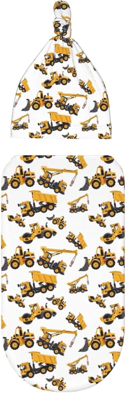 Broiteid Set Construction Machinery Excavator Truck Tractor Newborn Swaddle Blanket Baby Stuff Baby Blanket with Beanie