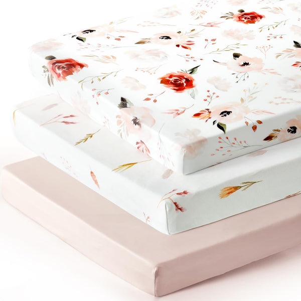 Pack n Play Sheets Fitted, 3 Pack, Stretchy Ultra Soft Jersey Knit, Watercolor Rose Flora