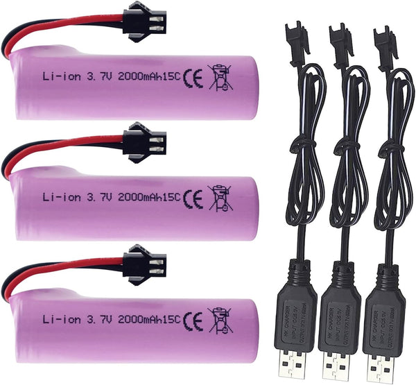 3PCS 3.7V 2000mAh SM-2P Plug Lithium Battery with USB Charging Cable for Off-Road Vehicle Truck RC Toys